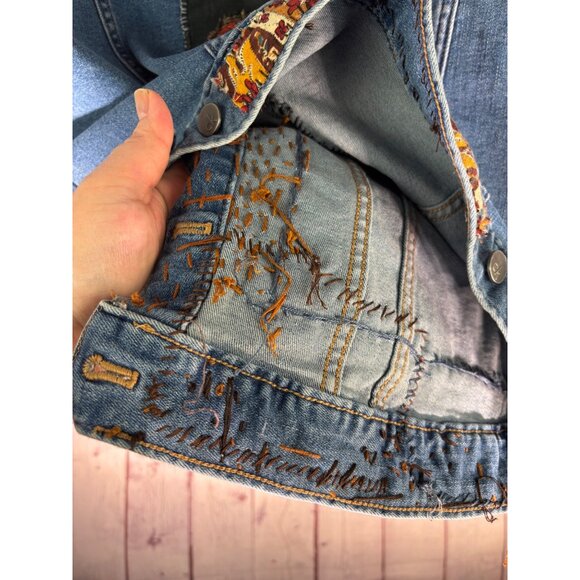 Calvin Klein Altered Hand Embroidered Upcycled Patched Denim Jacket - Picture 13 of 16